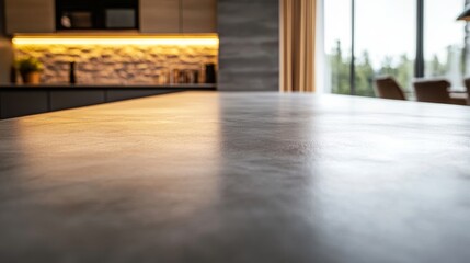 Poster - A sleek concrete countertop occupies the foreground while a stylish kitchen with warm lighting and modern decor softly blurs in the background