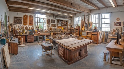 Canvas Print - A spacious woodworking shop filled with tools, materials, and finished pieces for crafting.