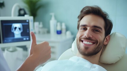 Wall Mural - A smiling man in a dental chair giving a thumbs up, indicating a positive dental experience.