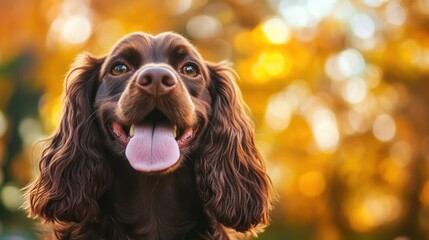 Sticker - A cheerful brown dog with a big smile against a blurred autumn background.