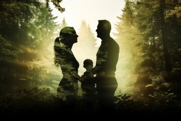 Wall Mural - Family silhouette in a forrest woodland light and green outdoors forest adult.