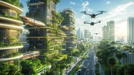 Canvas Print - Futuristic cityscape with vertical gardens, drones, and advanced transportation systems.