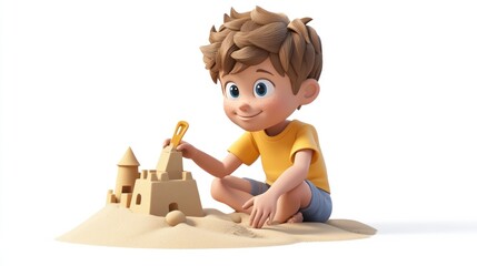 Sticker - A young boy joyfully building a sandcastle on the beach with a shovel.