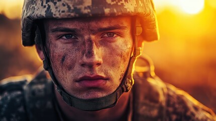 Wall Mural - A soldier with a serious expression, dirt on his face, against a sunset backdrop.