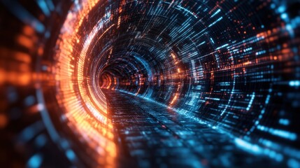 Poster - A futuristic tunnel of light, showcasing vibrant blue and orange digital patterns in a dazzling motion blur effect.
