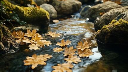 Sticker - Autumn leaves float on a flowing stream in a rocky creek bed.