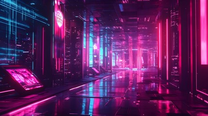 Poster - Cyber Monday Digital Marketplace with Neon Signage Futuristic Holographic Displays and Retrofuturistic Architectural Wonders