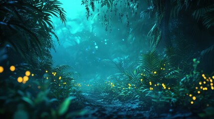 Canvas Print - Bioluminescent plants glowing softly in a mystical jungle