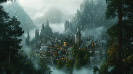 Canvas Print - Cozy medieval village surrounded by towering ancient trees and a misty forest