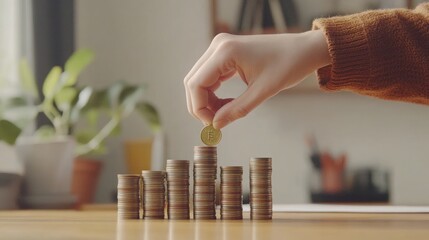 Poster - A hand placing a coin on a stack of coins, symbolizing savings and investment growth.