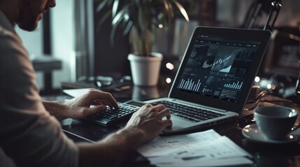 Sticker - A person working on a laptop with data analysis and a plant in a cozy office setting.