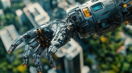 Close-up of a futuristic robotic hand reaching out over a cityscape, showcasing advanced technology and intricate design.