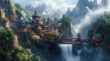 Canvas Print - Fantasy village near a waterfall cascading from towering cliffs