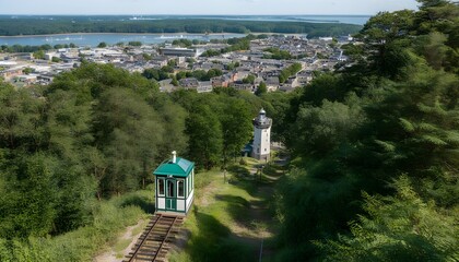 Wall Mural - Scenic aerial perspective of Bornrif Lighthouse embraced by verdant trees in Ameland, Netherlands