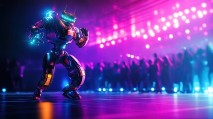 Canvas Print - A futuristic robot dancing in a vibrant, illuminated environment with a crowd.