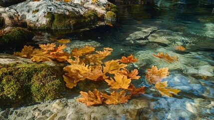 Wall Mural - Autumn leaves floating in a clear creek, surrounded by mossy rocks.