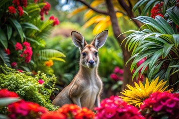 Sticker - Close-up of kangaroo in tropical garden with colorful flowers