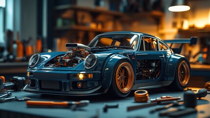 A blue sports car model with its engine exposed, sitting on a workbench with tools and a blurred background.