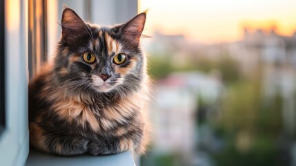 Wall Mural - A calico cat resting on a windowsill with a blurred cityscape in the background at sunset.