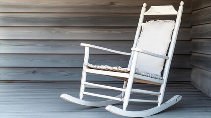 Old rocking chair with frayed cushion, chipped paint, and splintered arms, positioned on a wooden porch, representing timeless relaxation