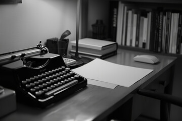 Canvas Print - Minimalist Poet's Desk with Typewriter and Blank Paper 