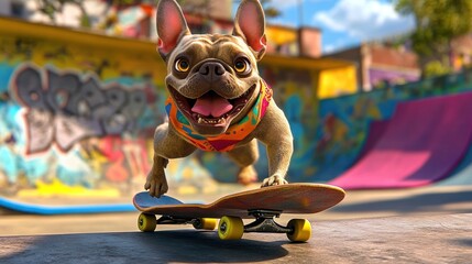 Sticker - A playful dog skateboards in a vibrant skatepark, showcasing fun and athleticism.