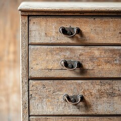 Timeworn chest of drawers with mismatched handles, chipped paint, and visible wood grain, capturing rustic elegance and aged beauty