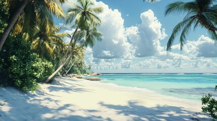 Beach with white sand, palm trees, and a tropical paradise 