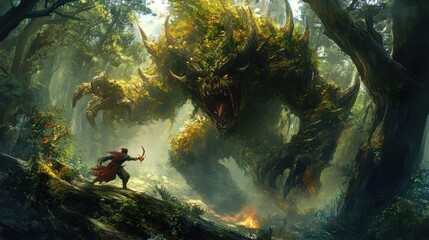 Canvas Print - Heroic figure battling a multi-headed creature in a mythical forest