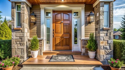 Inviting entrance of a modern suburban home with a sturdy wooden door, adorned with ornate metal handles and a welcoming mat on a sunny day.