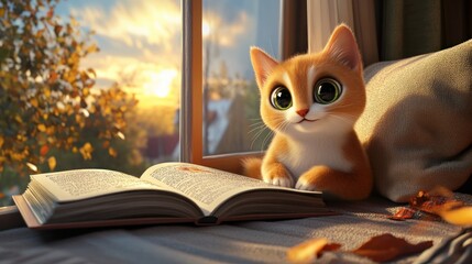 Wall Mural - A cute cat sits by a window with a book, enjoying a sunset and autumn leaves.