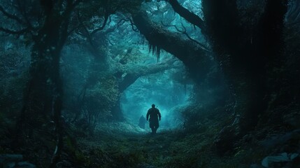 Canvas Print - Hunter moving silently through an ancient enchanted forest at night