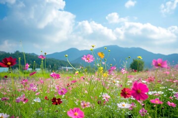 Canvas Print - Flower field scenery photo landscape grassland panoramic.