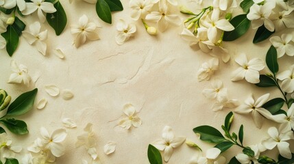 Poster - Jasmine flowers and lush green leaves are elegantly spread across a neutral beige background, creating a serene and natural aesthetic perfect for commercial use