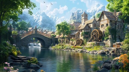 Canvas Print - Medieval village by a tranquil river with stone bridges and waterwheels