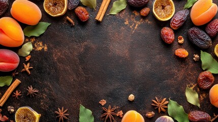 Sticker - A rustic arrangement of dried fruits and spices on a dark surface, ideal for culinary themes.