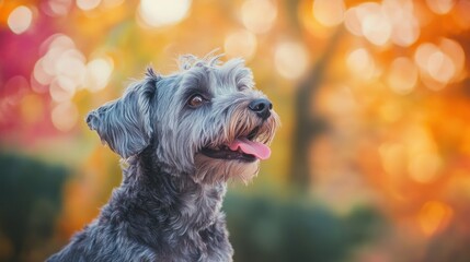 Canvas Print - A close-up of a happy dog against a colorful, blurred autumn background.