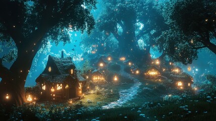 Wall Mural - Small fantasy village near a mystical forest with glowing trees