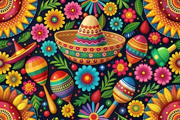 Vibrant colorful illustration of a traditional Mexican festive scene with sombreros, maracas, and piñatas, surrounded by bold Aztec-inspired patterns and bright flowers.