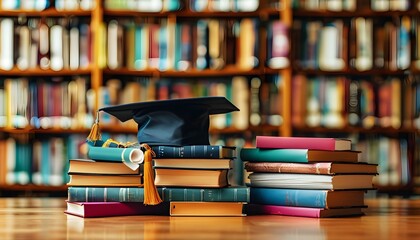 Wall Mural - Celebration of Educational Achievement with Stacked Books and Graduation Cap in Vibrant Library Environment