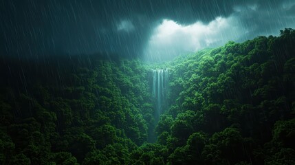 Majestic waterfall cascading through lush green rainforest during a dramatic storm.