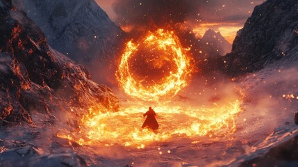 Wall Mural - Trickster figure surrounded by magical fire in a frozen wilderness