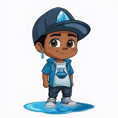 Cool cartoon character standing in a puddle of water