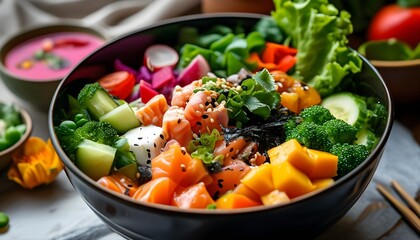 Wall Mural - Vibrant Poke Bowl with Fresh Seafood and Vegetables in a Cozy Dinner Setting Celebrating Healthy Eating and Asian Culinary Artistry