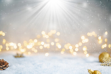 Wall Mural - christmas holiday background with snow, fir tree and decorations with christmas light behind. christ
