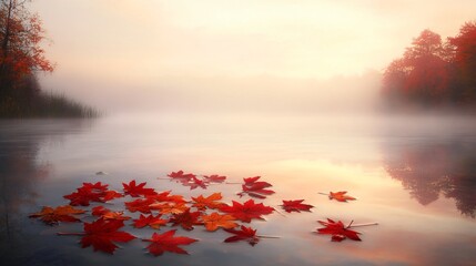 Wall Mural - Autumn leaves floating on a misty lake at sunrise.