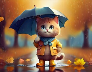 Sticker - Cute Cartoon Cat Holding an Umbrella Wearing a Raincoat and Boots Standing in the Fall Rain. Autumn Season Concept