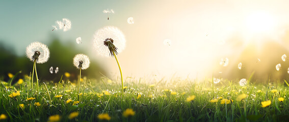 Canvas Print - Dandelion weed seeds blowing across a spring, summer garden lawn with a bright sunny background