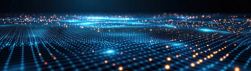 Stunning blue abstract background featuring vibrant lights and a digital landscape, perfect for technology and science themes.