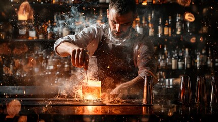 a bartender participating in a cocktail competition, demonstrating creativity and skill in mixology